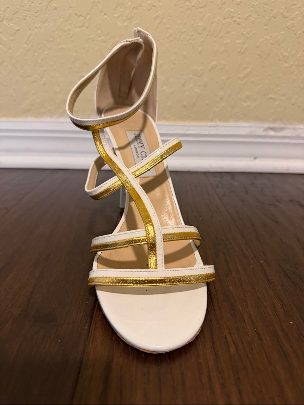 Jimmy Choo White and Gold Metallic Strappy High-Heel Sandal